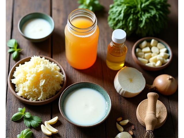 Ръка, държаща капсула пробиотик, до купичка с кисело мляко и ферментирали храни, символизиращи подкрепа за микробиома