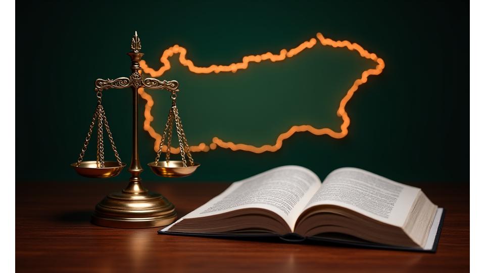 Изображение на антични везни за равновесие и карта на България на заден план, символизираща българското законодателство и справедливост.