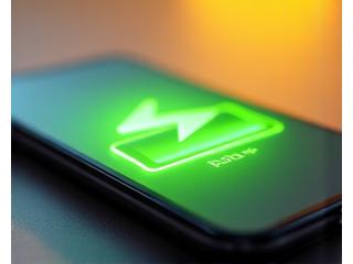 Детайлна снимка на заредена батерия на смартфон, която отразява енергийния подем на здраве. Фонът е леко оранжев и замъглен.